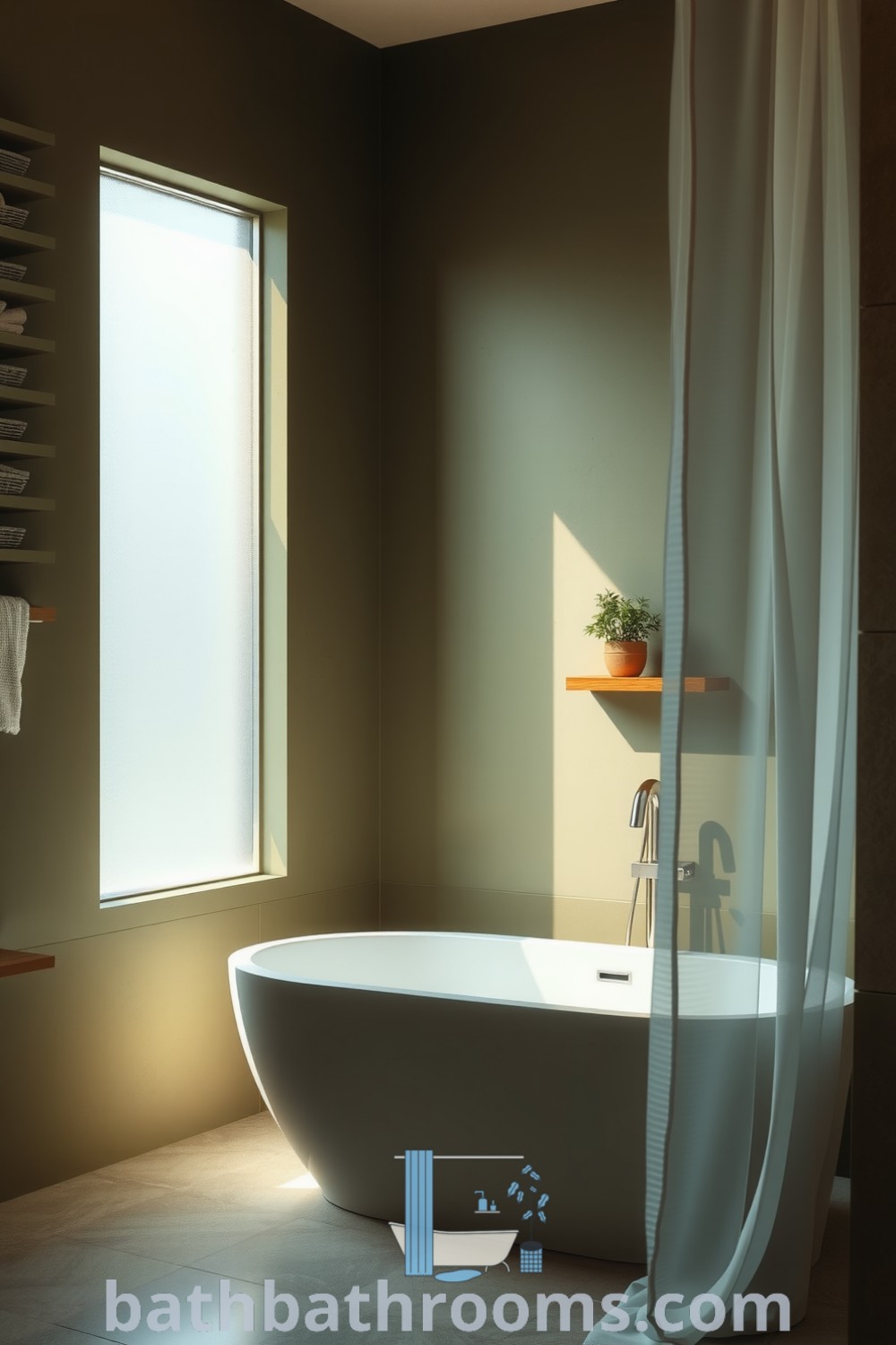 Elegant minimalist bathroom featuring an olive color scheme, a freestanding tub, natural stone flooring, textured walls, and potted herbs for a cozy atmosphere. Discover more decor ideas for your home at bathbathrooms.com.