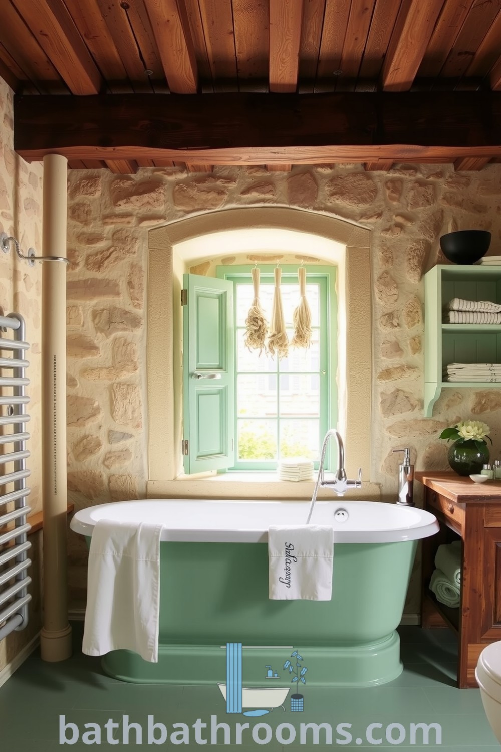 Cozy Provence bathroom featuring mint green hues, rustic stone walls, wooden beams, a freestanding bathtub with light linen drapery, and dried herbs for an earthy fragrance. Explore more cozy decor ideas at bathbathrooms.com.