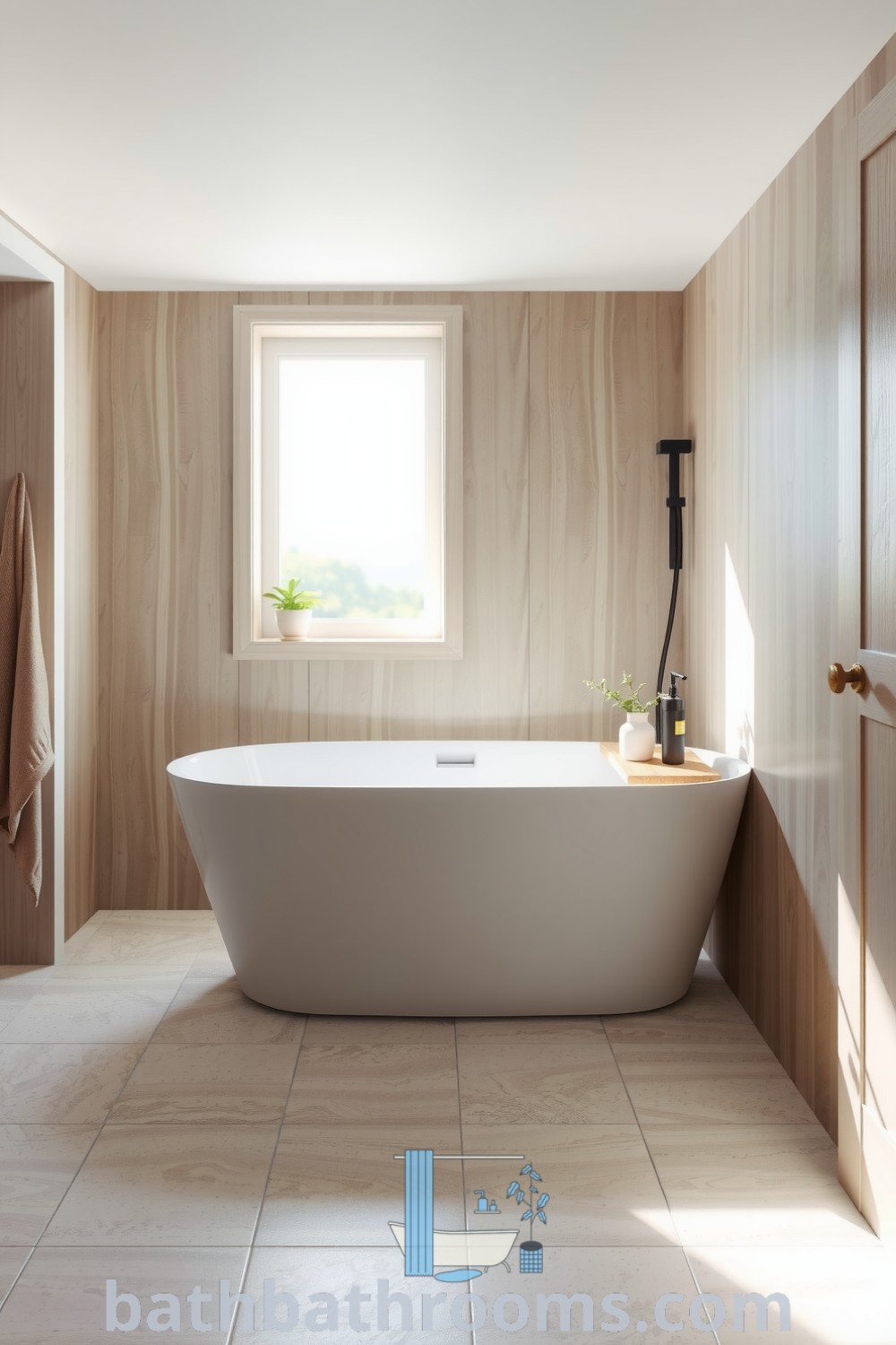 Minimalist bathroom featuring a freestanding tub, pale wood accents, soft ash tones, and natural light, enhancing the tranquil ambiance. Discover cozy design ideas for your home at bathbathrooms.com.