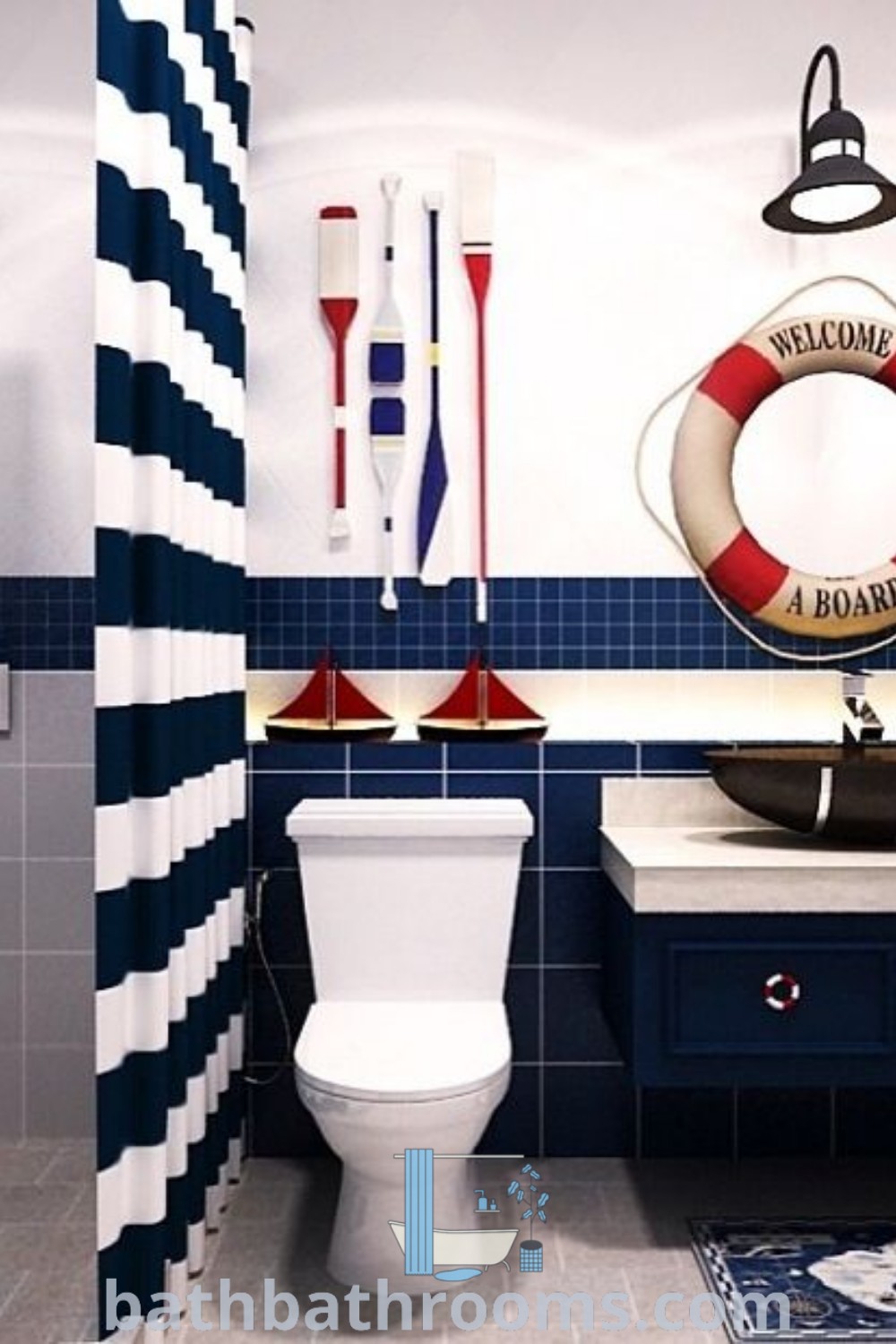 A stylish bathroom showcasing blue and white tile walls, featuring white shelves and a soak tub, embodying coastal decor and houseboat interior inspirations. Explore blue and yellow bathroom ideas and unique designs at bathbathrooms.com.