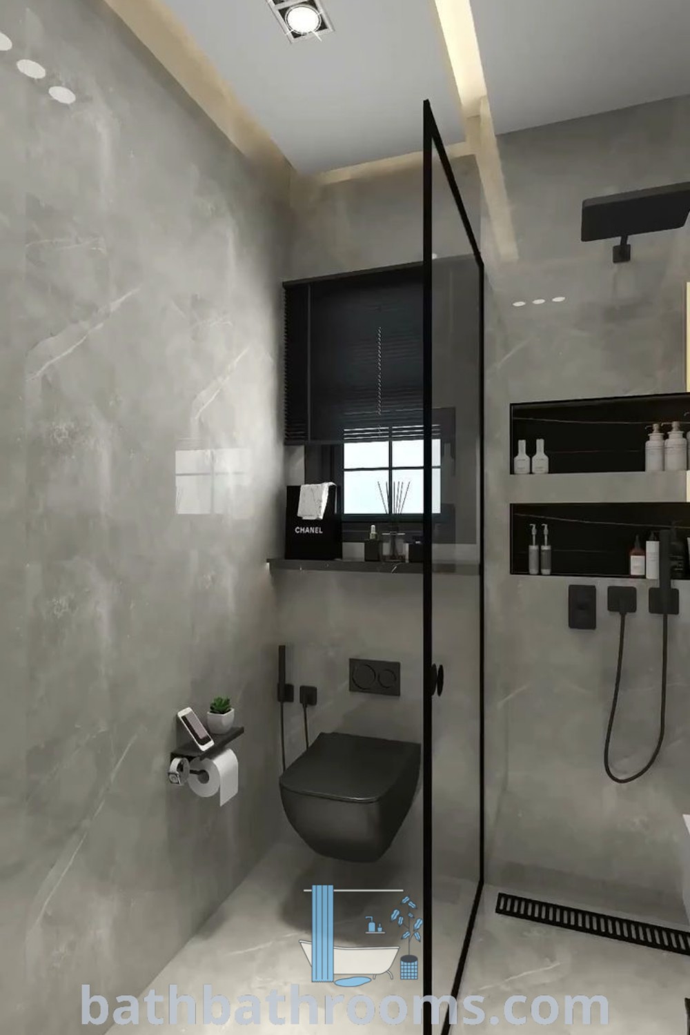 A modern bathroom featuring black and white fixtures, optimized for small space with stylish design ideas. This decor showcases functional layouts and elegant accents, providing cozy and inspiring ideas for your home. Discover more about the latest design trends at bathbathrooms.com.