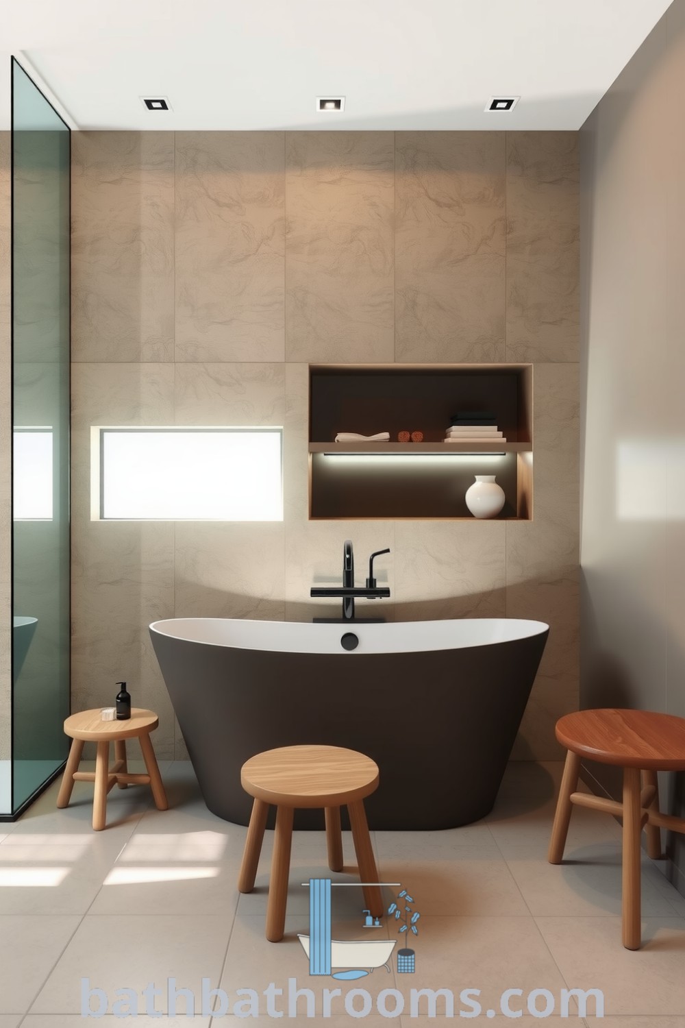 Minimalist taupe bathroom featuring a freestanding tub, textured stone wall, and natural wood accents, creating a serene and inviting atmosphere. Explore more cozy ideas and decor inspirations at bathbathrooms.com.