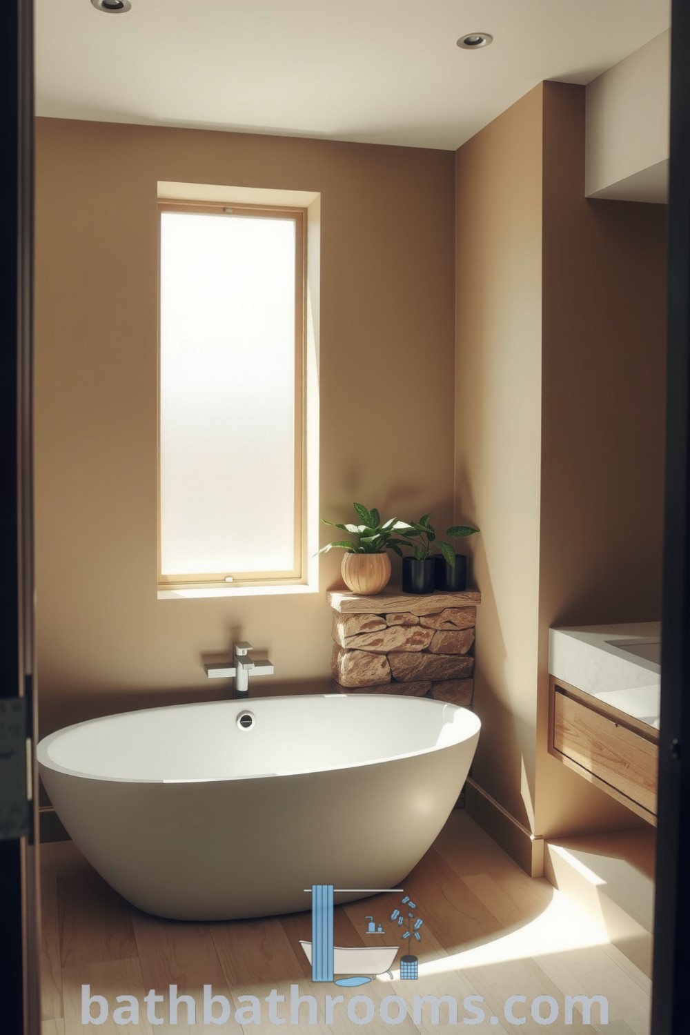 Minimalist beige bathroom with a freestanding tub, warm beige walls, wooden accents, and lush green plants, creating a serene and inviting atmosphere. Discover cozy design ideas for your home at bathbathrooms.com.
