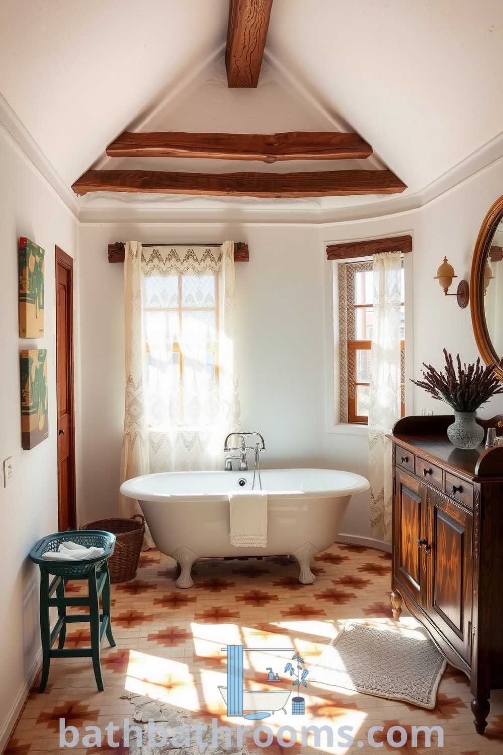 Cozy Provence bathroom featuring white plaster walls, rustic wooden beams, a freestanding tub on terracotta tiles, a vintage wooden vanity, and fresh lavender. Discover inspiring decor ideas at bathbathrooms.com.