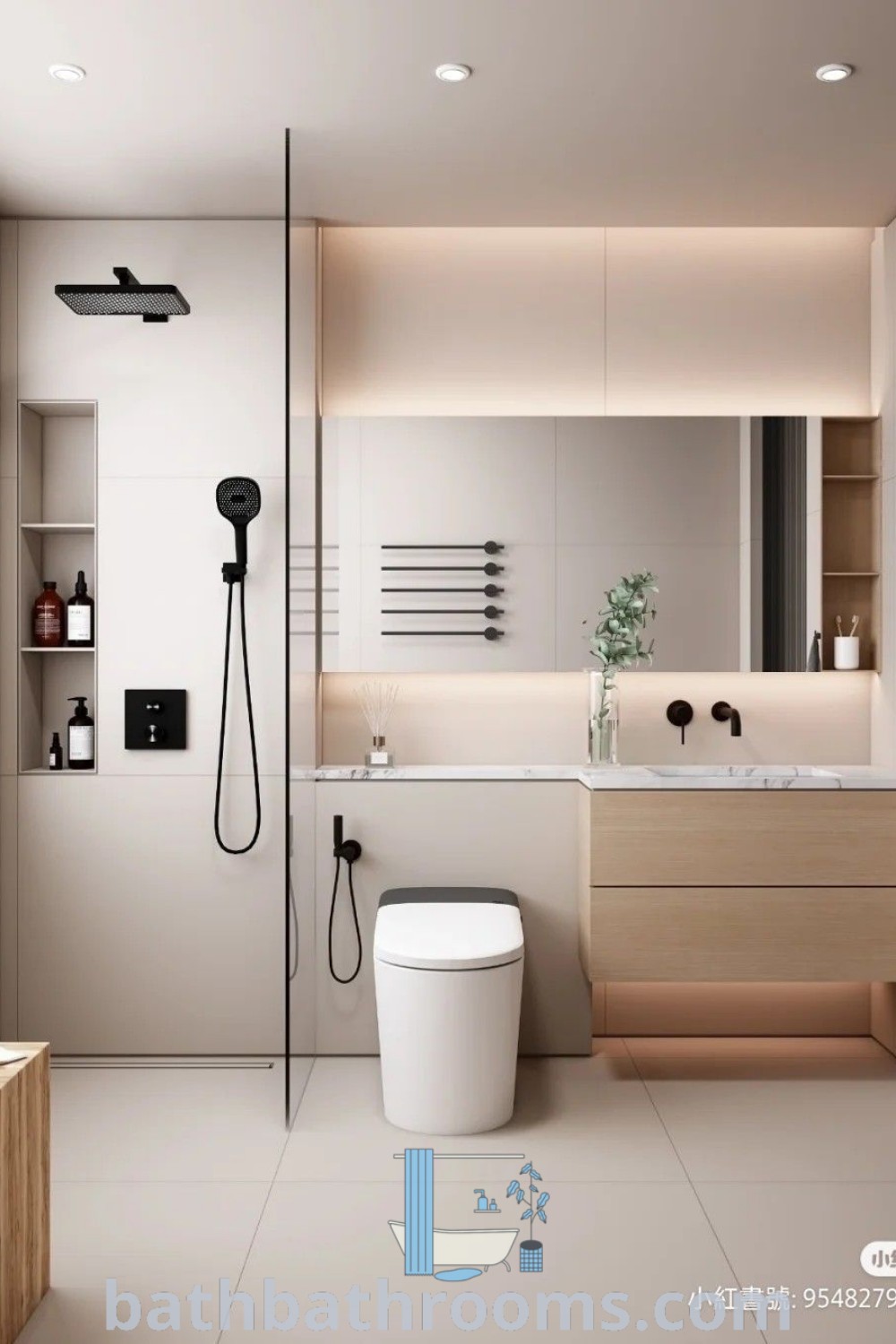 A modern small bathroom featuring a clean design with a toilet next to a sink, showcasing inspiring makeover ideas. This bathroom exemplifies a cozy aesthetic with smart layout solutions and decor ideas for small spaces. Explore more bathroom design inspirations at bathbathrooms.com.