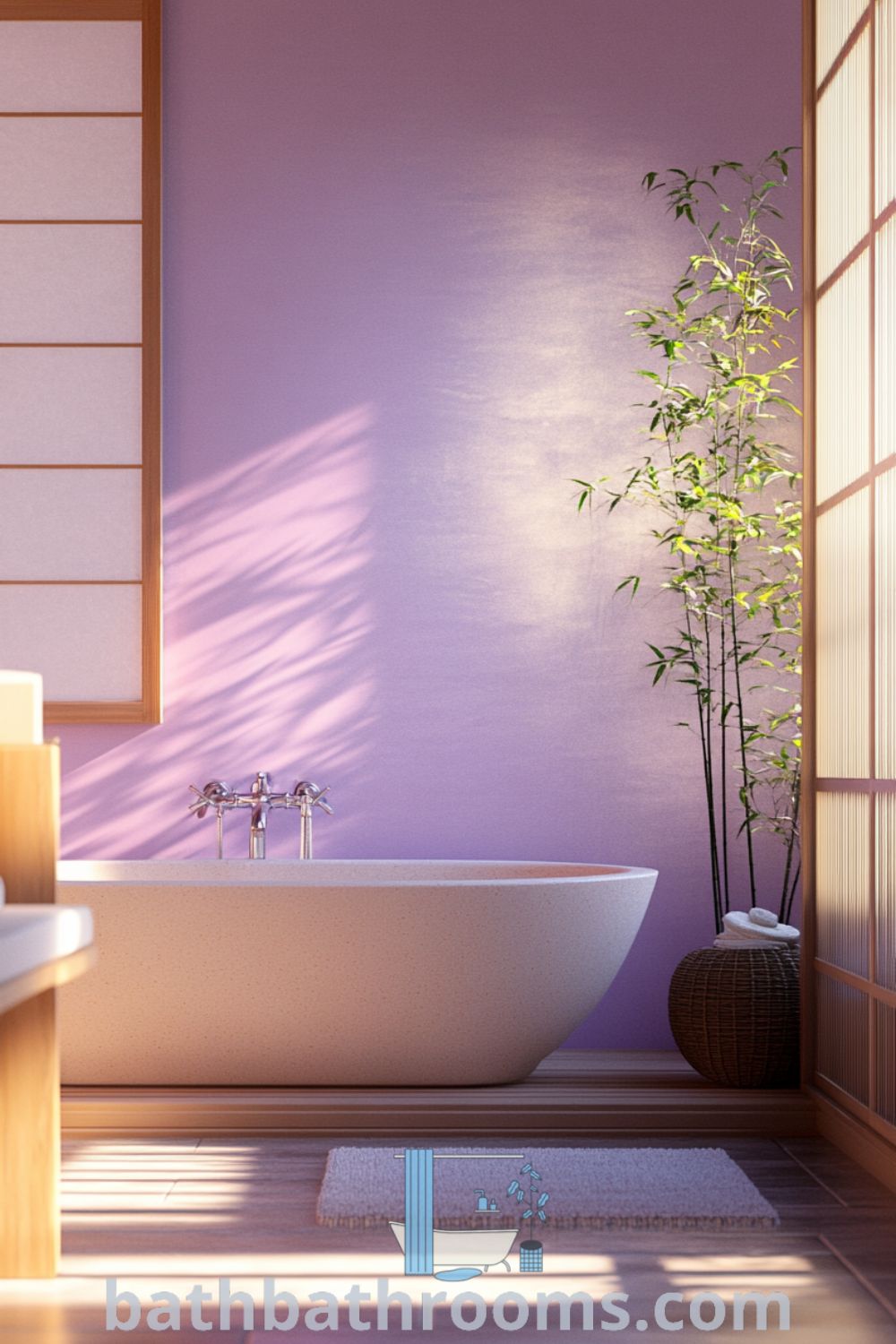 Serene Japanese bathroom featuring soothing lavender walls, a cedar soaking tub, bamboo plants, and warm stone tiles, creating a peaceful and inviting atmosphere. Discover inspiring decor ideas for your home at bathbathrooms.com.