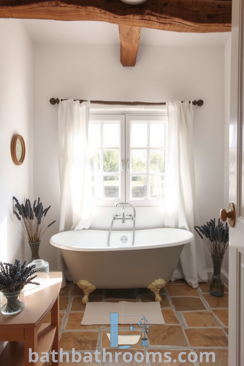 Cozy Provence bathroom with soft white walls, rustic wooden beams, a vintage clawfoot tub, sheer linen curtains, and dried lavender vases, creating a charming and inviting space. Discover more cozy decor ideas at bathbathrooms.com.