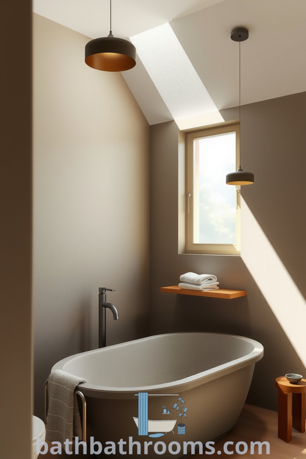 Cozy minimalist bathroom featuring taupe walls, natural light from a frosted window, a sleek freestanding stone tub, and warm wooden accents, creating a tranquil and inviting atmosphere. Discover inspiring decor ideas for your home at bathbathrooms.com.