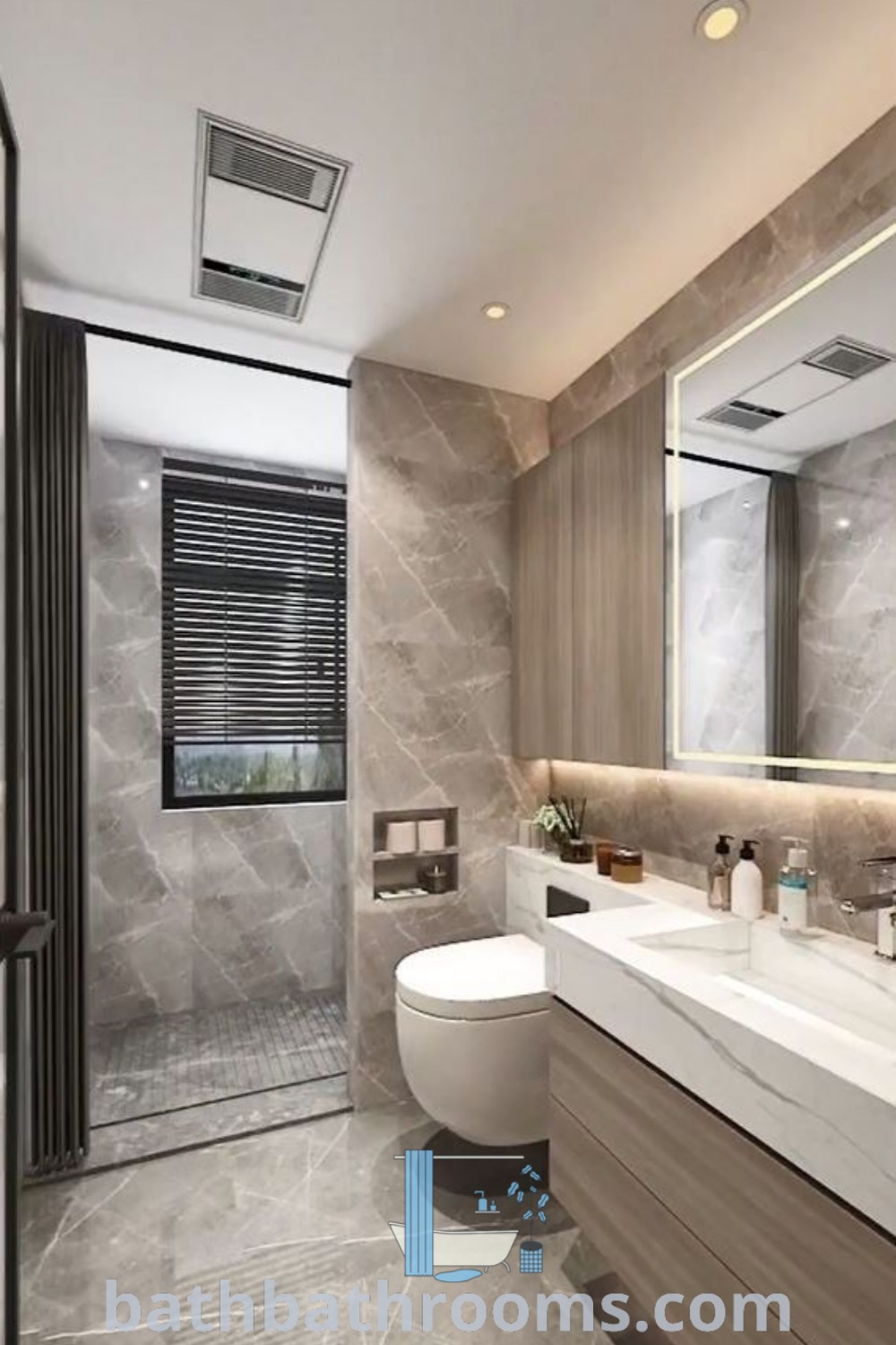 A modern bathroom with marble walls and flooring, featuring luxurious design elements. This space exemplifies contemporary toilet and bathroom design styles, providing unique ideas for maximizing style and comfort. Discover more inspiring bathroom decor inspirations at bathbathrooms.com.