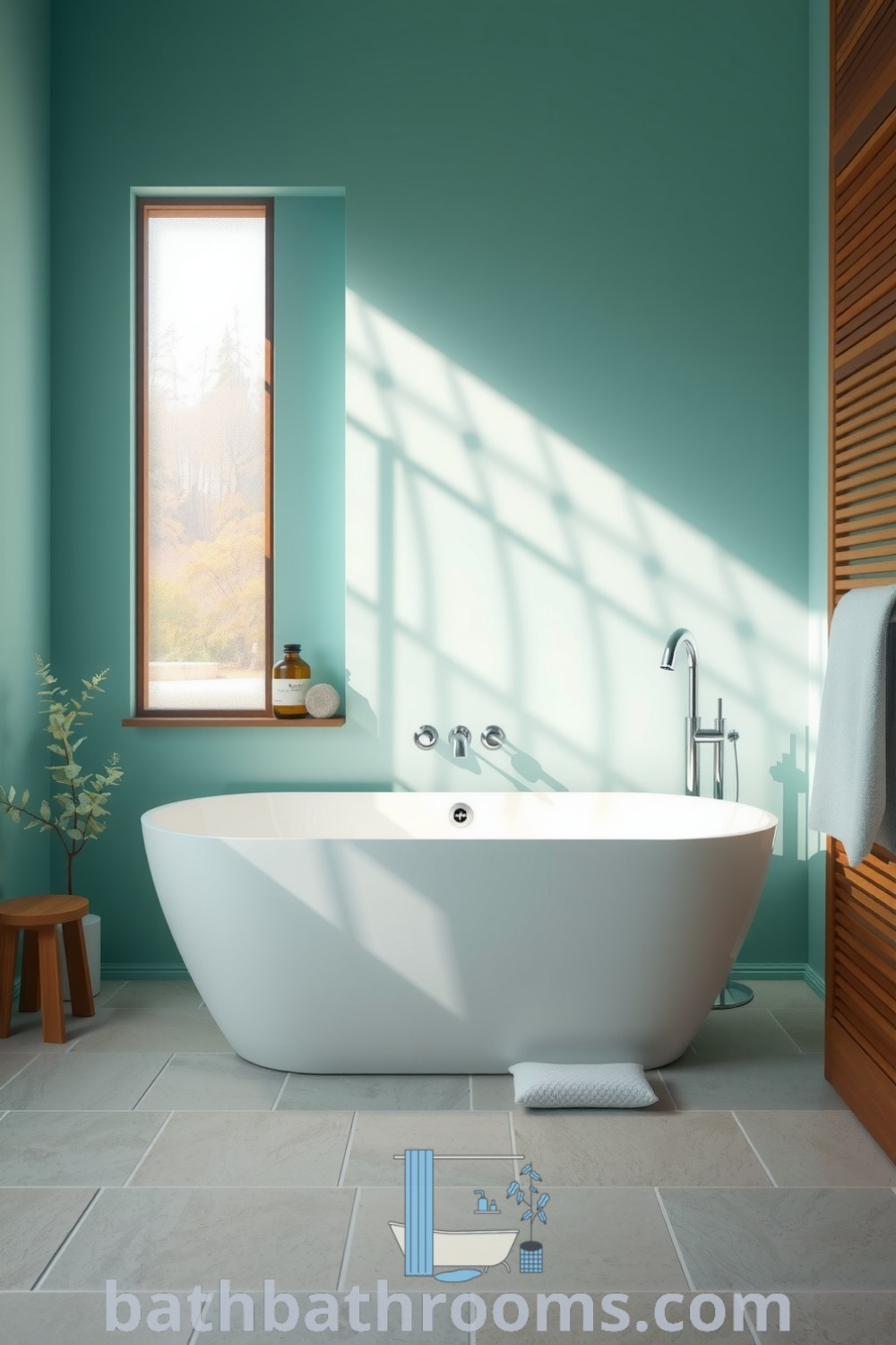Cozy minimalist bathroom featuring soft turquoise walls, a white freestanding tub, natural stone tiles, wooden accents, and a plant, creating a tranquil retreat. Discover more unique decor ideas for your home at bathbathrooms.com.