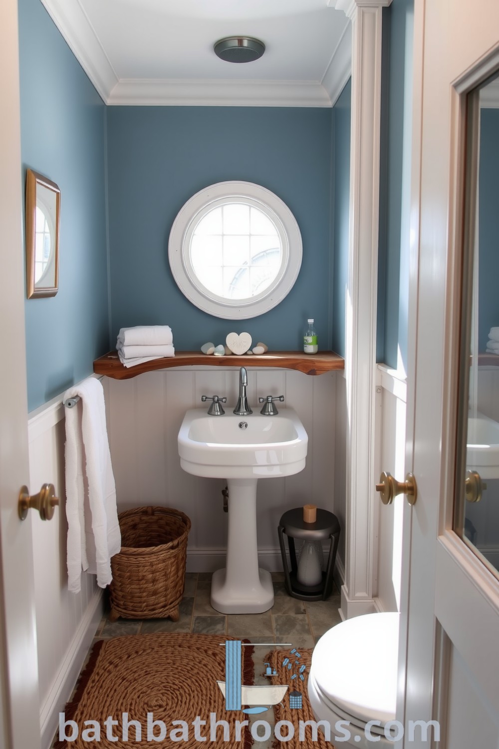 Nautical-style bathroom featuring soft blue walls, weathered wood accents, polished chrome fixtures, and a round distressed white mirror, enhanced by jute rugs and coastal decor elements. Discover unique ideas and decor inspirations for your home at bathbathrooms.com.