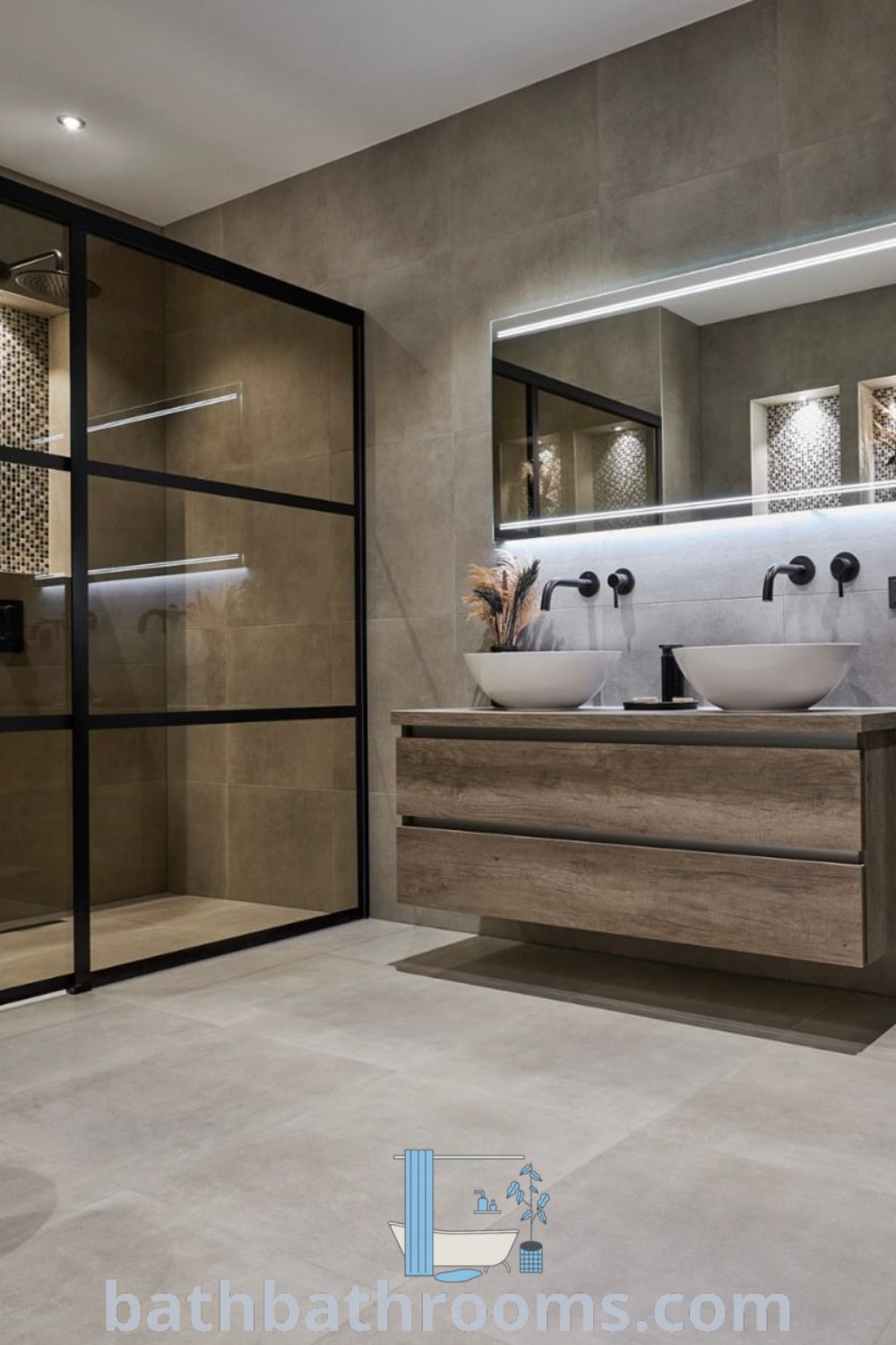 A modern bathroom featuring two sinks and a large glass door leading to the shower area, designed with natural wood elements and chic beige and black accents. This stylish en suite offers ideal inspirations for transforming your space. Discover more design ideas at bathbathrooms.com.