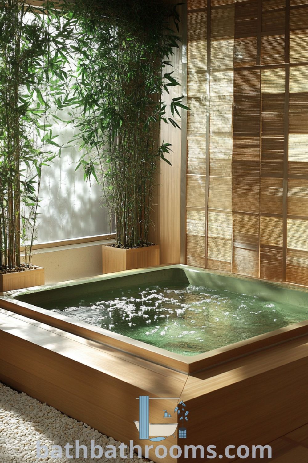 Cozy Japanese bathroom featuring bamboo accents, smooth stone floor, green-tinted wooden tub, warm wood paneling, and sunlight streaming through paper screens, creating a serene ambiance. Discover more unique ideas for your home at bathbathrooms.com.
