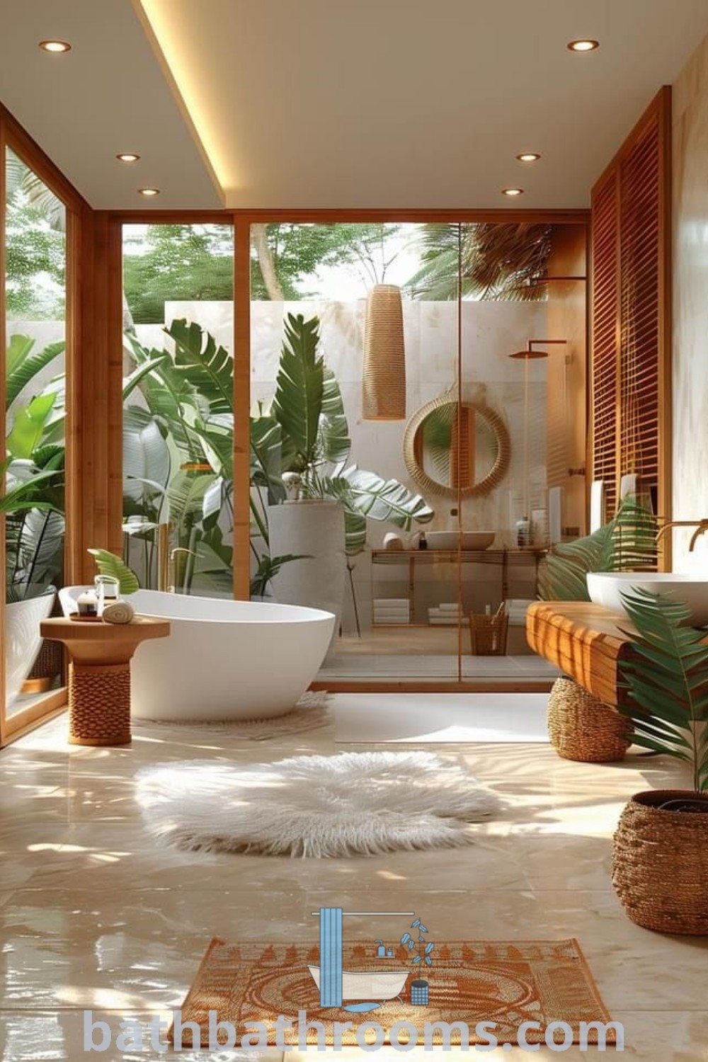 A modern tropical bathroom with large windows, plants growing in the bathtub, and cozy rugs on the floor. This design incorporates boho tropical elements, reflecting a Bali-style apartment and Brazilian bathroom inspirations. Discover more unique decor ideas at bathbathrooms.com.