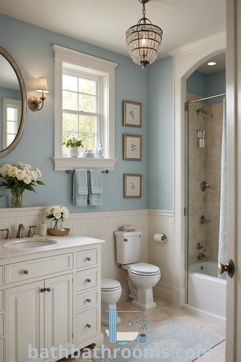 A bright bathroom with blue walls and white cabinets, featuring a chandelier over the toilet. This blue and white design highlights cozy decor ideas and creates an inviting atmosphere. Explore more decor ideas at bathbathrooms.com.