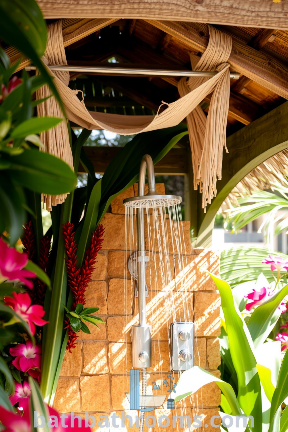 Tropical outdoor shower surrounded by lush greenery and vibrant flowers, featuring weathered wooden beams and natural fibers for privacy, evoking a cozy aesthetic. Discover inspiring decor ideas for your home at bathbathrooms.com.