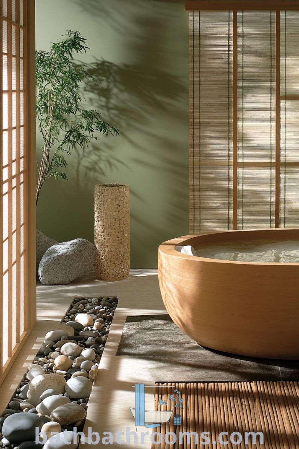Cozy Japanese bathroom featuring smooth wooden accents, a deep cedar soaking tub, bamboo mat, and soft light from shoji screens, creating a serene atmosphere. Discover unique decor ideas for your home at bathbathrooms.com.