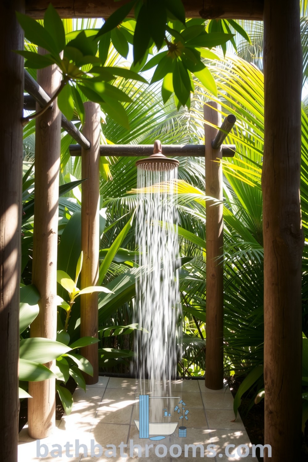 Tropical outdoor shower with weathered wooden posts, smooth stone tiles, lush greenery, and sunlight filtering through a leafy canopy, creating a serene and inviting retreat. Discover more decor ideas for your home at bathbathrooms.com.