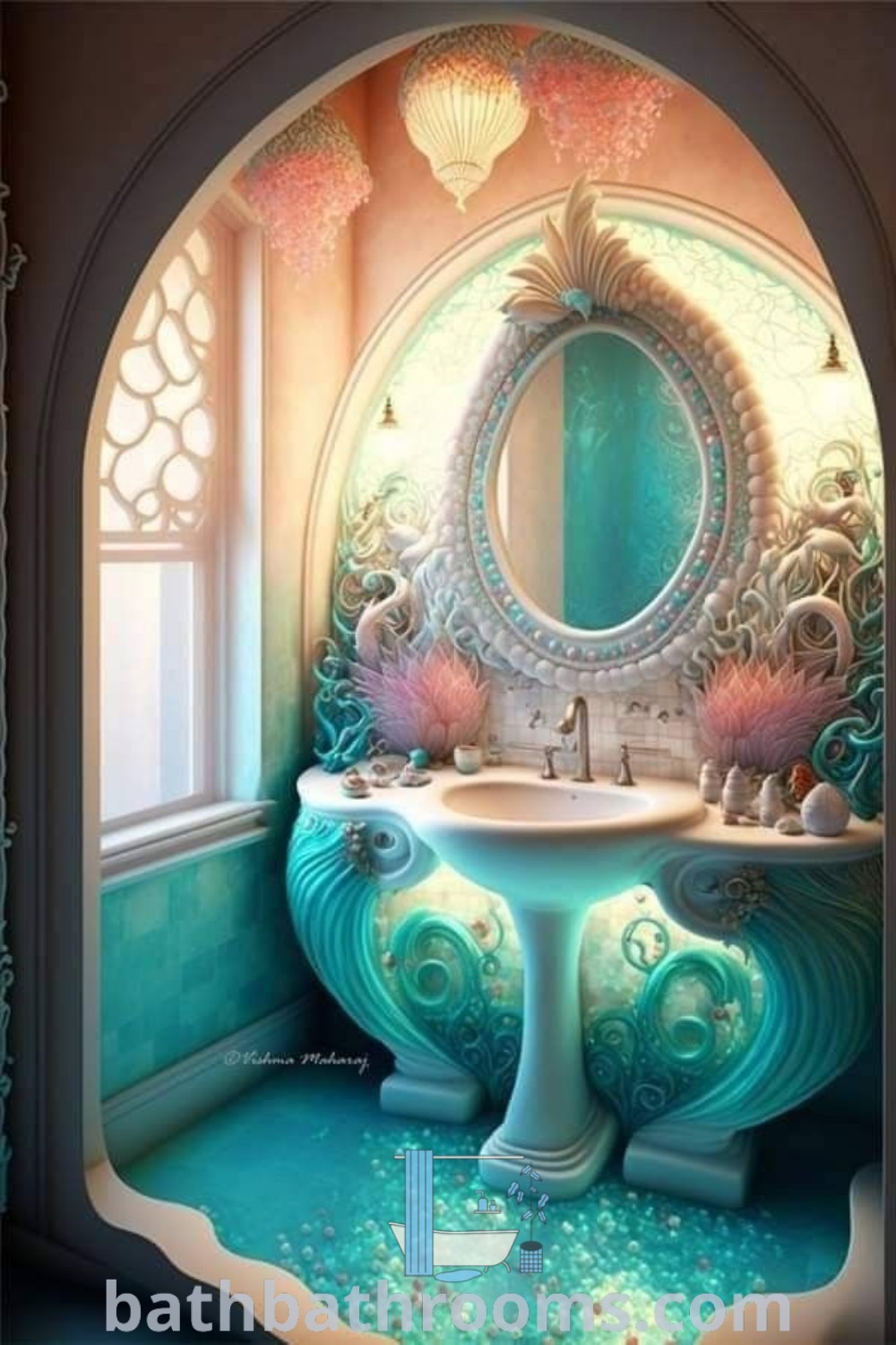 A bathroom with a sink, mirror, and window designed to resemble an ocean scene, showcasing the mermaid room aesthetic and Clamshell Chair. This unique decor idea offers a cozy atmosphere and invites tranquility. Discover more inspiring designs at bathbathrooms.com.