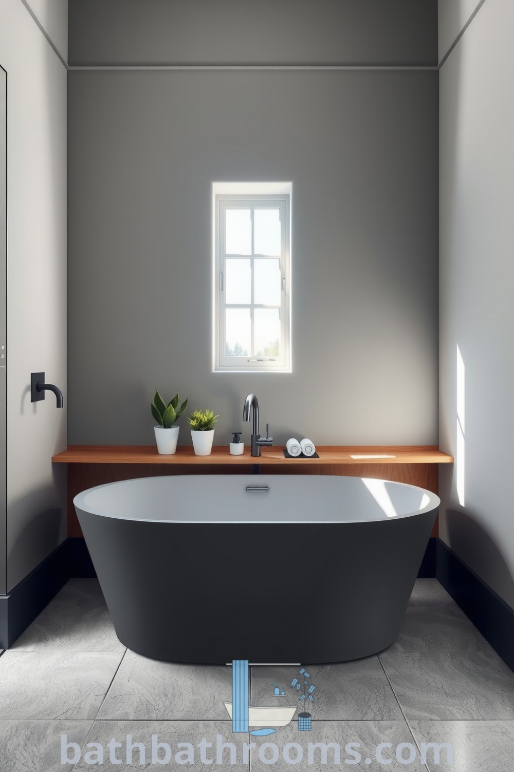 Minimalist bathroom featuring soft ash-gray walls, a matte freestanding tub, warm wood accents, natural light from a small window, and potted plants, creating a serene and cozy atmosphere. Discover inspiring decor ideas for small spaces at bathbathrooms.com.