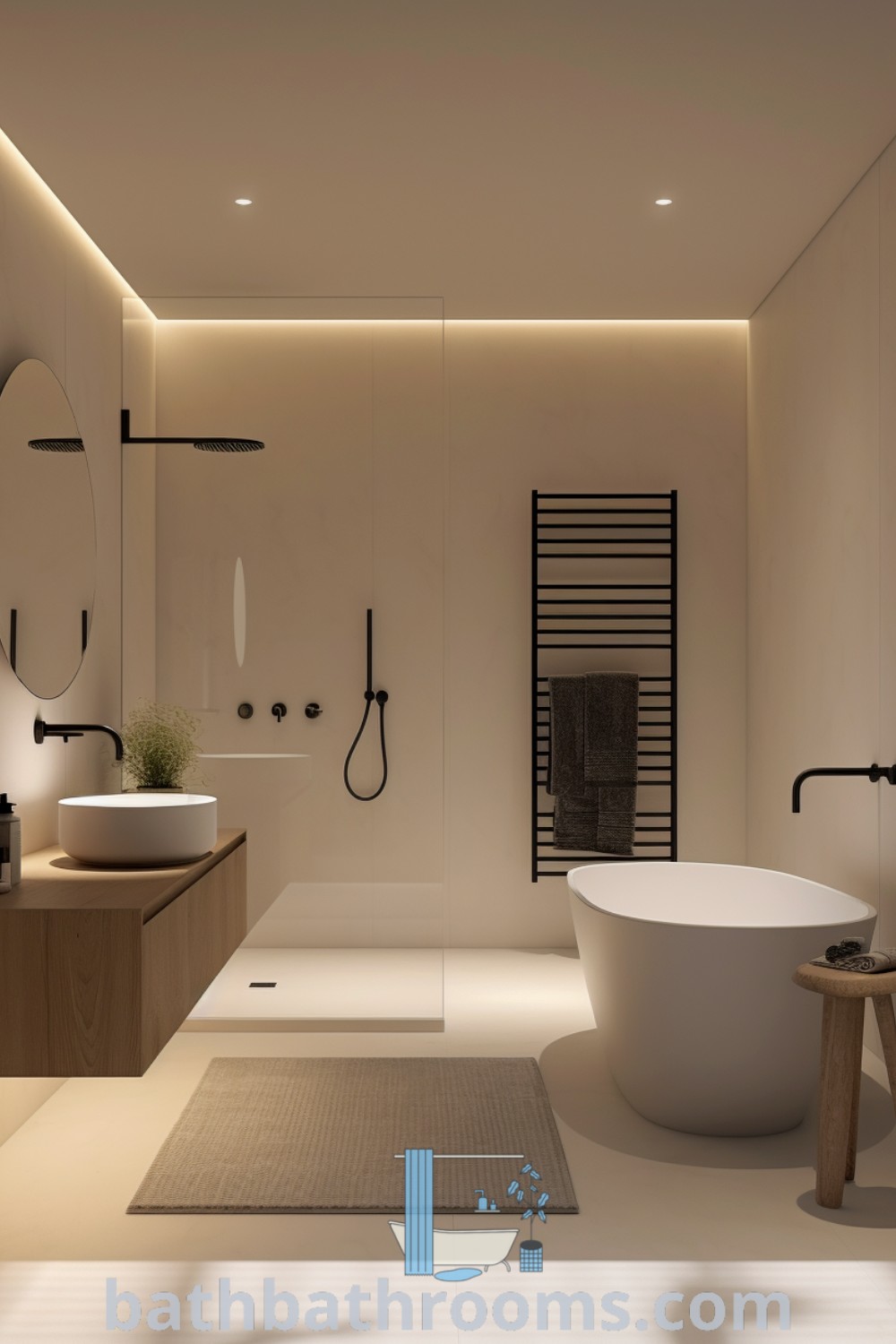 A minimalist bathroom with a large white tub and sink, showcasing sleek design ideas and decor inspirations. Explore more unique inspirations for small spaces at bathbathrooms.com.
