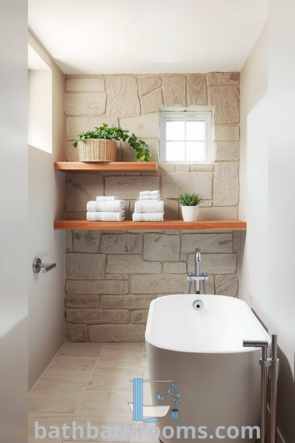 Cozy minimalist bathroom featuring a freestanding tub, rough-hewn stone walls, reclaimed wood shelving with towels and plants, and sleek metal fixtures, creating a serene and inviting atmosphere. Discover more cozy home ideas at bathbathrooms.com.