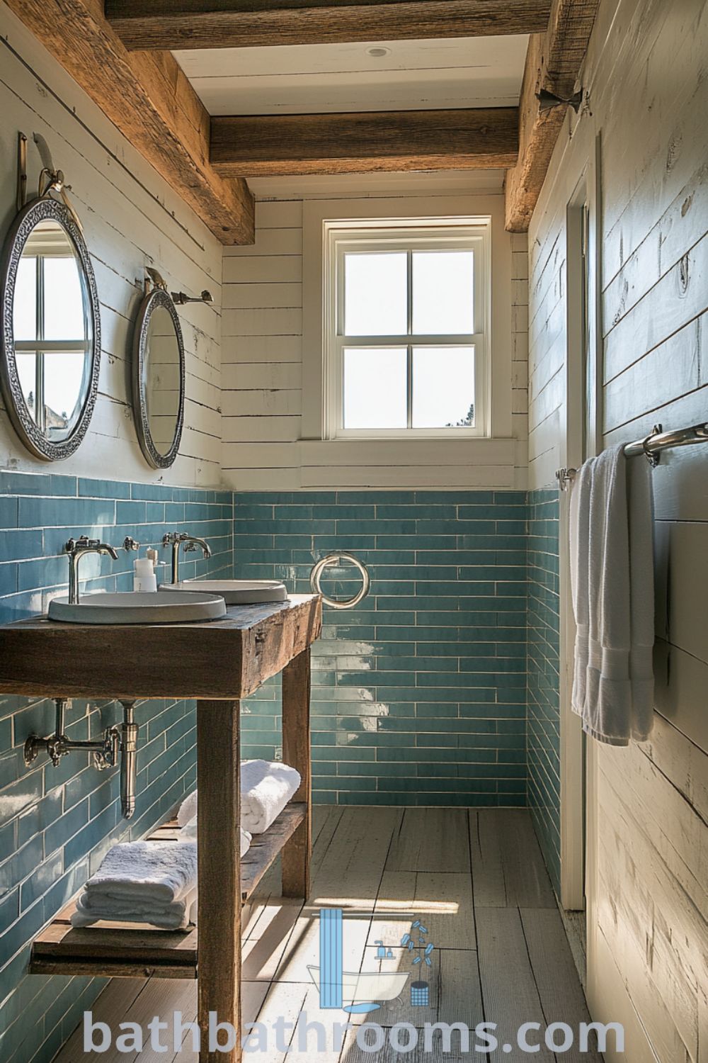 Cozy coastal bathroom featuring weathered wooden beams, nautical blue tiles, a brushed metal sink, and porthole-style windows, creating a warm and inviting atmosphere. Discover inspiring decor ideas for your home at bathbathrooms.com.