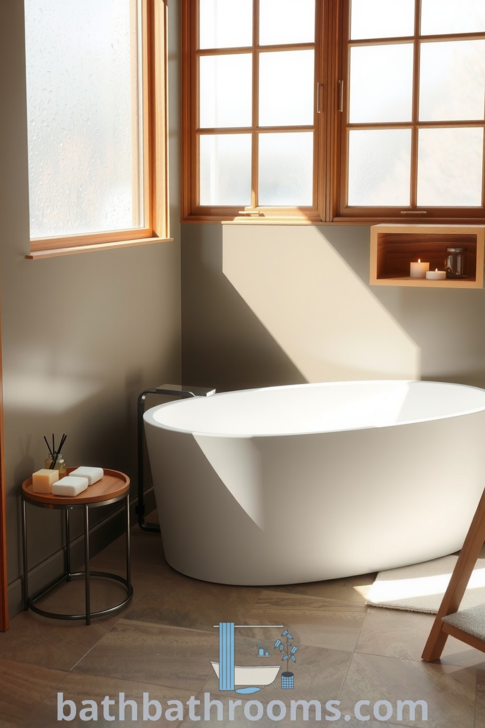 Cozy minimalist bathroom featuring olive-colored decor, a sleek deep-soaking tub, wooden accents, and natural light from frosted glass windows, promoting relaxation and tranquility. Discover unique decor ideas for small spaces at bathbathrooms.com.