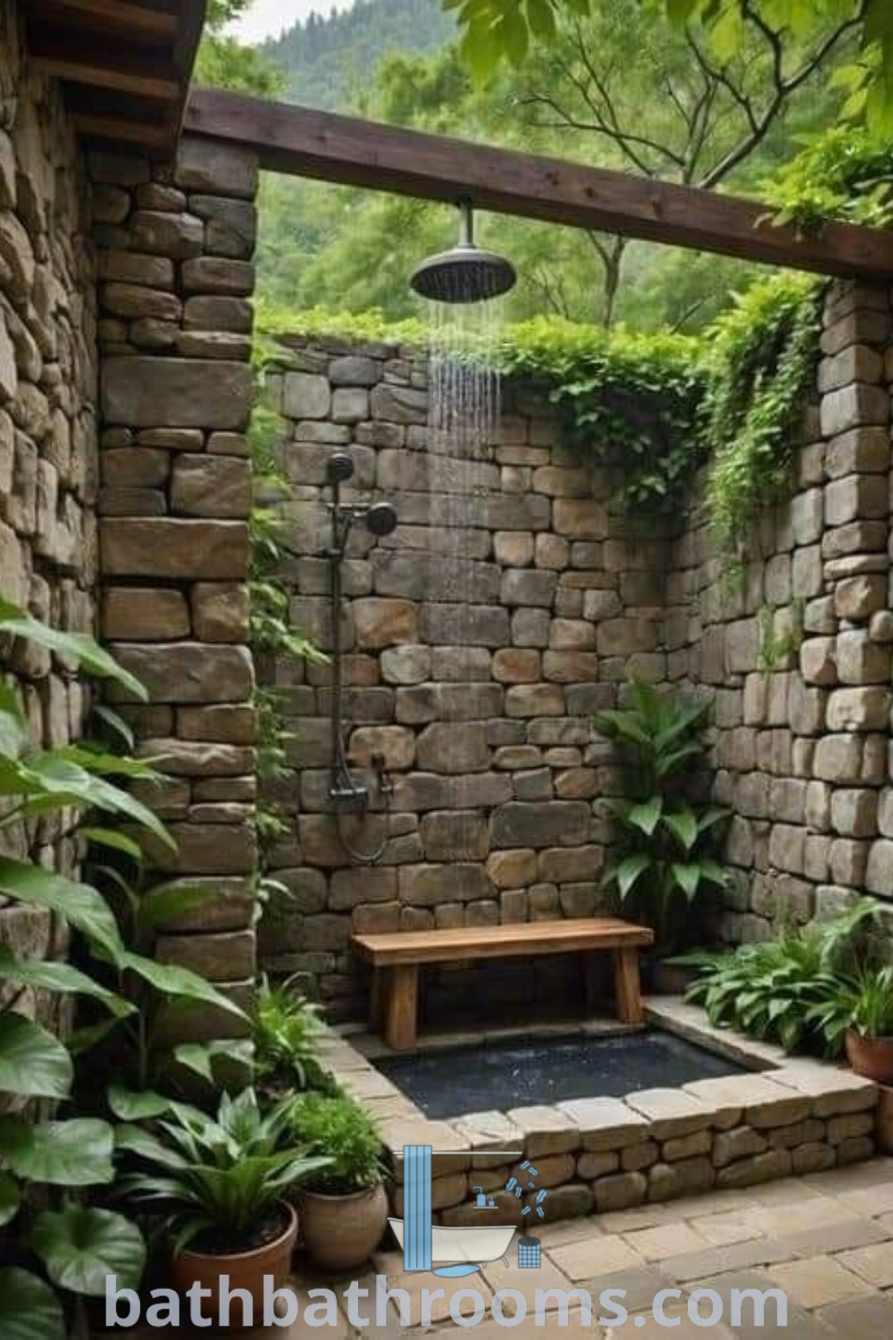 A rustic outdoor shower set against a stone wall and surrounded by greenery, featuring a cozy bench beneath it. This design exemplifies outdoor shower ideas and enhances the aesthetic of any garden. Discover more outdoor bath design inspirations at bathbathrooms.com.