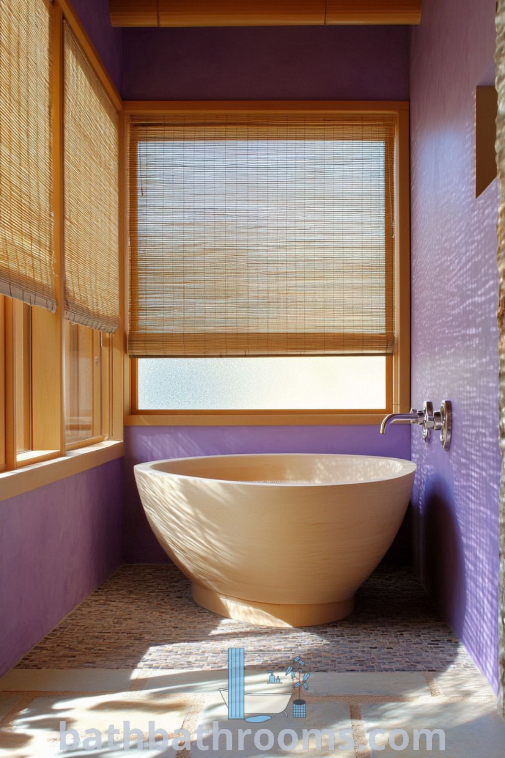 Lavender-hued Japanese bathroom featuring a deep soaking tub under bamboo-framed windows, smooth wooden accents, and cool stone flooring, creating a serene and inviting oasis. Discover more decor ideas and inspirations for your home at bathbathrooms.com.