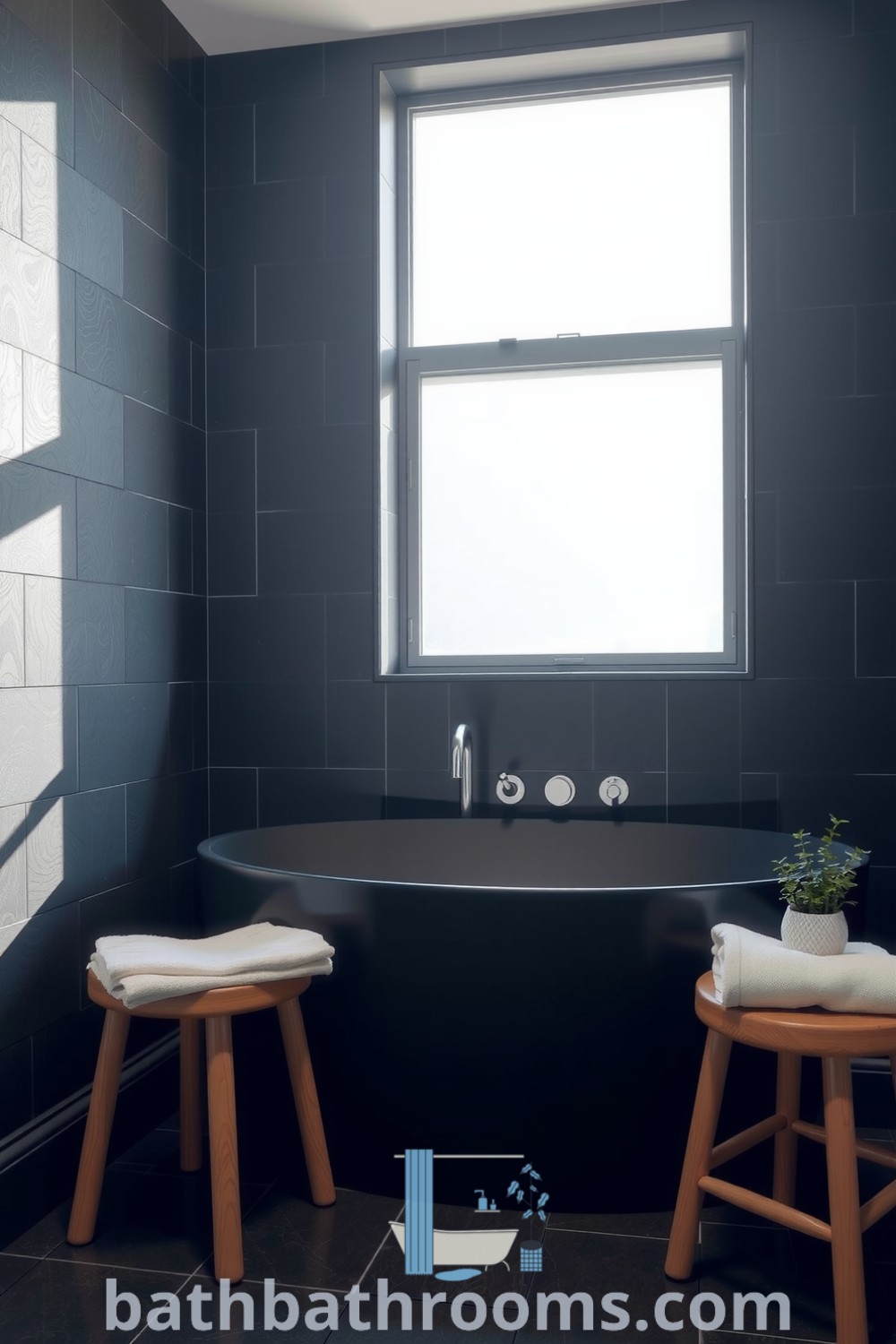 Minimalist black bathroom featuring textured charcoal-gray tiles, a matte black soaking tub, a brushed metal faucet, a wooden stool with a towel, and a potted plant, creating a serene and inviting atmosphere. Discover more cozy home ideas at bathbathrooms.com.