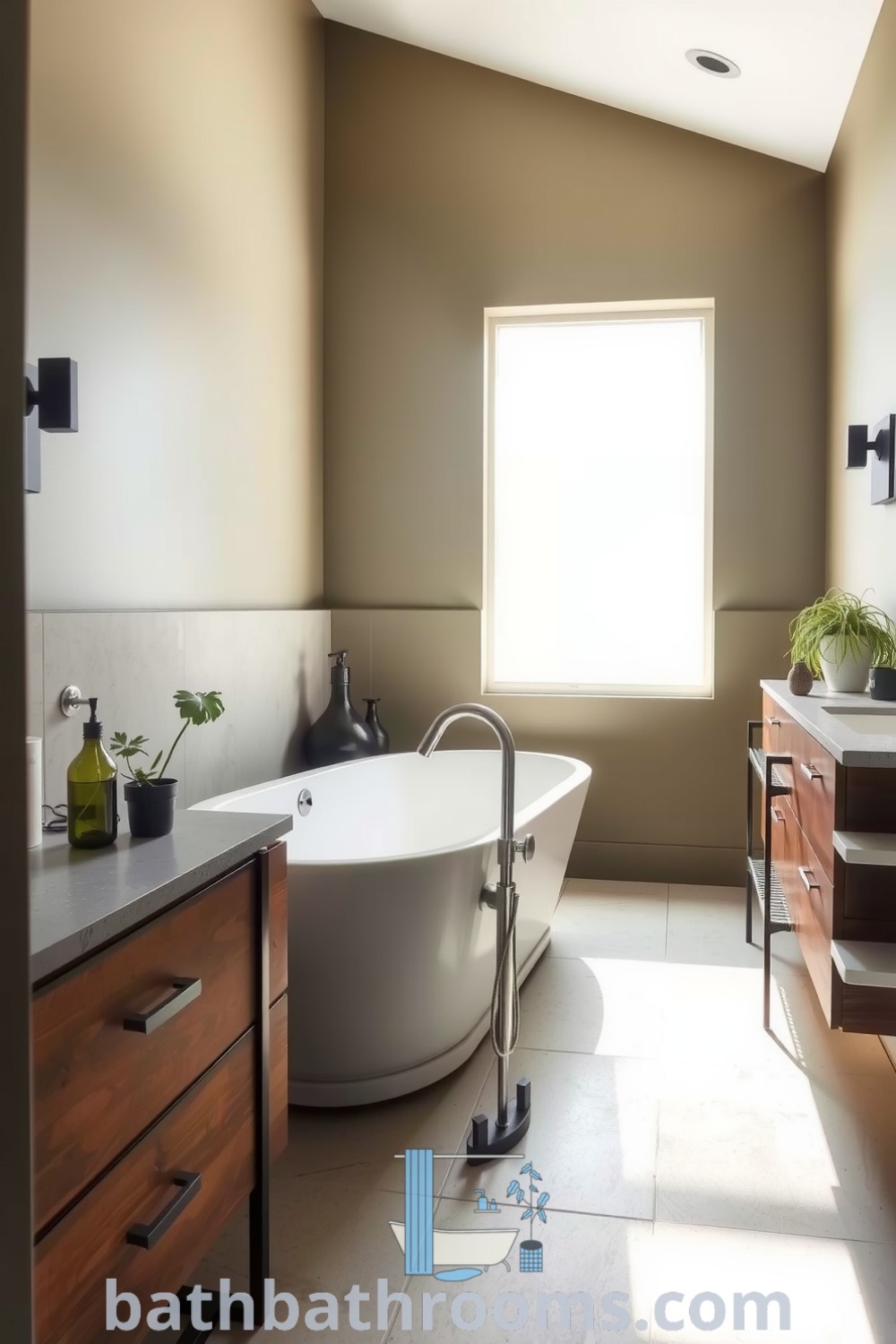 Cozy minimalist bathroom featuring an olive hue, freestanding tub, wooden vanity, and potted plants, creating a serene and inviting atmosphere. Discover more design ideas for your home at bathbathrooms.com.