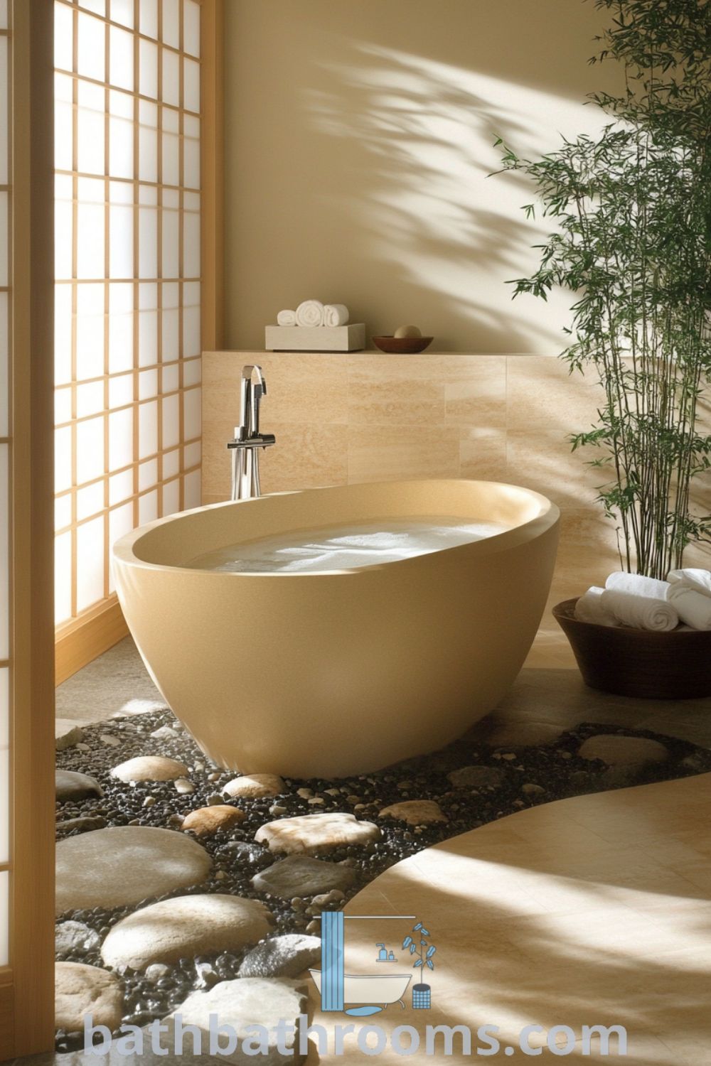 Serene Japanese bathroom featuring a deep beige tub, warm wooden paneling, shoji screens, bamboo accents, and stone-tiled floor, promoting a peaceful ambiance and relaxation. Discover more decor ideas for your home at bathbathrooms.com.