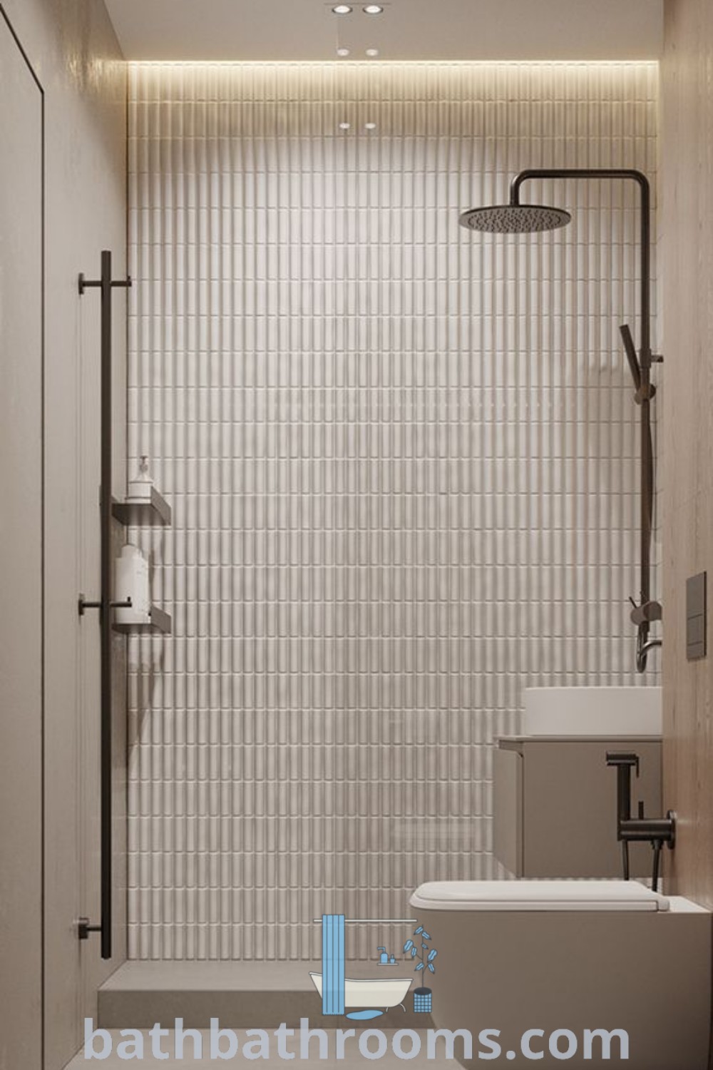 A stylish bathroom featuring a tub, toilet, and shower head mounted on the wall, designed in a Scandi style. This luxurious space showcases white stone elements and low threshold shower ideas, presenting cozy and modern decor inspirations. Discover more decor ideas for your home at bathbathrooms.com.