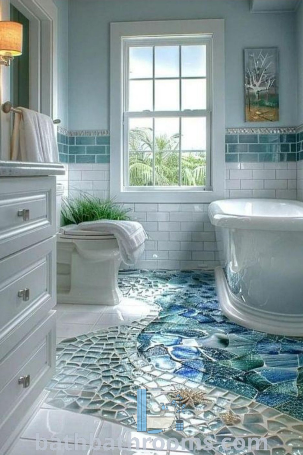 A bathroom with blue and white tiles on the floor, showcasing unique beachy designs that evoke a water theme. The space is inviting and functional, offering décor inspirations for a cozy aesthetic. Discover more stunning ideas for your home at bathbathrooms.com.