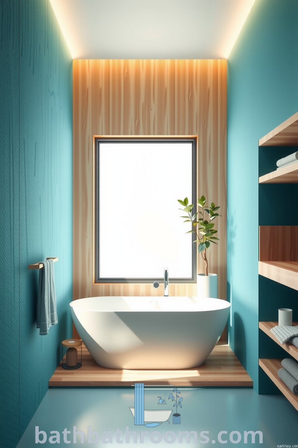 Turquoise minimalist bathroom featuring a soft matte porcelain tub, textured teal walls, light wood accents, and a potted plant, creating a cozy and serene atmosphere. Discover more decor ideas for a perfect style fusion at bathbathrooms.com.