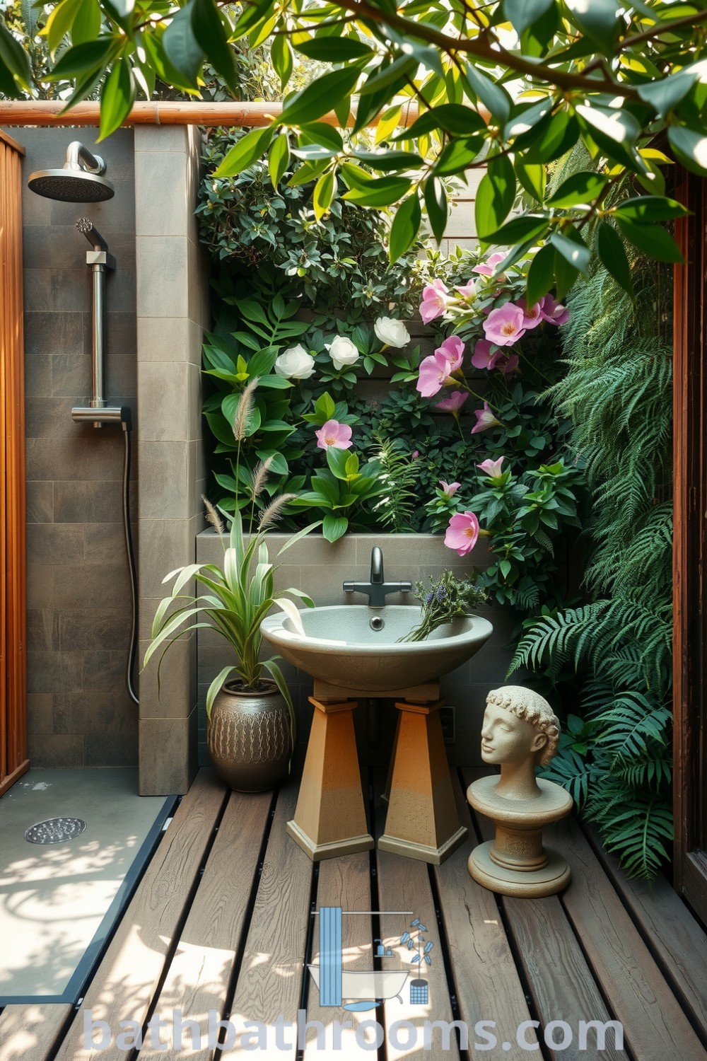 Cozy outdoor bathroom featuring weathered wooden planks, a natural stone shower with bamboo accents, blooming plants, and a stone sink with fresh herbs, creating a serene and inviting atmosphere. Discover more unique ideas for your home at bathbathrooms.com.
