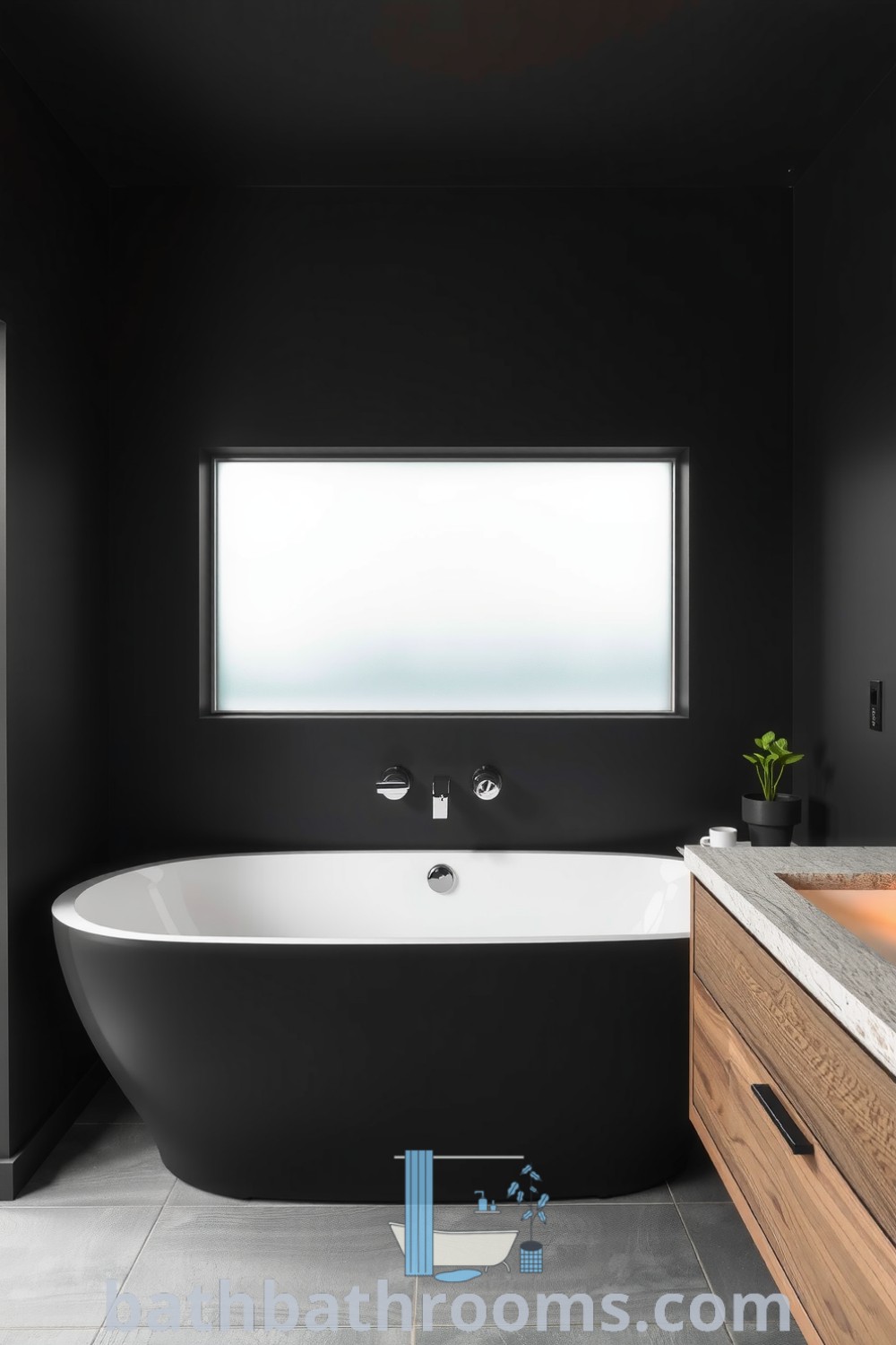 Modern minimalist bathroom featuring a sleek freestanding tub, deep black and matte gray tones, a rough wood floating vanity, and potted plants, creating a serene and stylish atmosphere. Discover unique decor ideas for your home at bathbathrooms.com.
