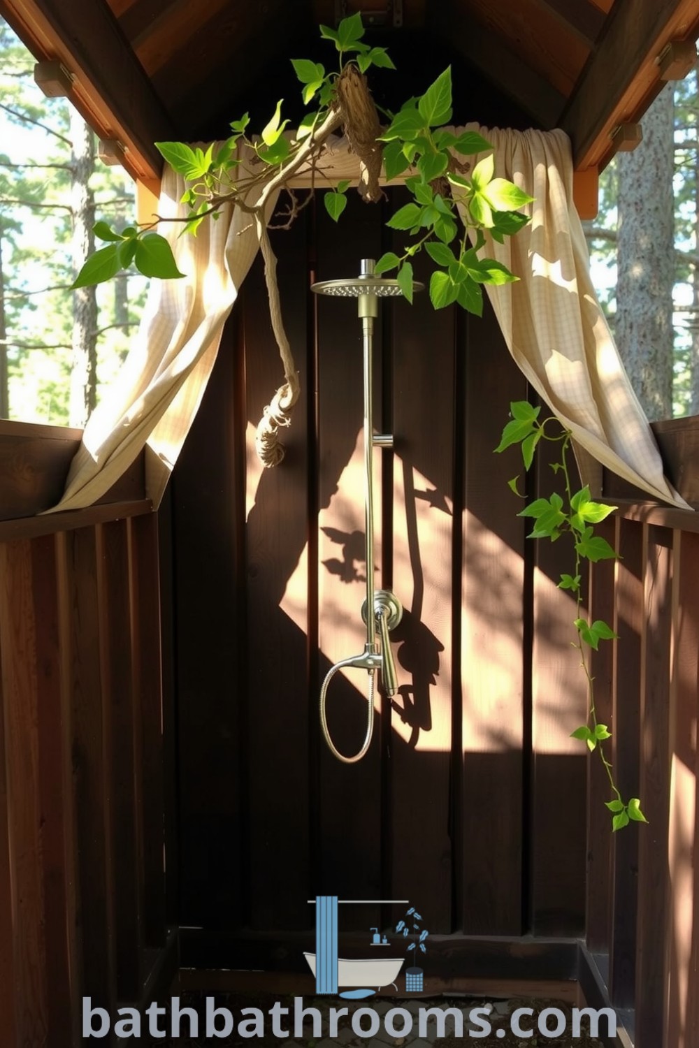 Cozy outdoor bathroom featuring rustic wooden beams, a metal showerhead hanging from a tree, and an earthy stone floor, all nestled among tall pines. Discover inspiring decor ideas for small spaces at bathbathrooms.com.