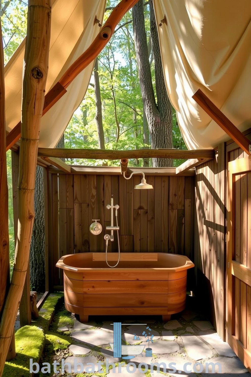 Rustic outdoor bathroom with wooden beams, a wooden soaking tub softened by moss, and a reclaimed wood shower, creating a cozy retreat in nature. Discover more inspiring decor ideas for your home at bathbathrooms.com.