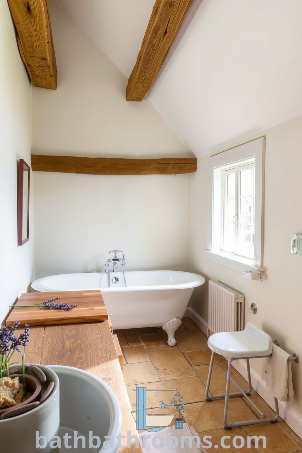 Cozy Provence bathroom featuring creamy white walls, rustic wooden beams, a freestanding clawfoot tub, and natural stone flooring, showcasing inviting decor ideas and inspirations for a perfect style fusion. Discover more unique ideas at bathbathrooms.com.
