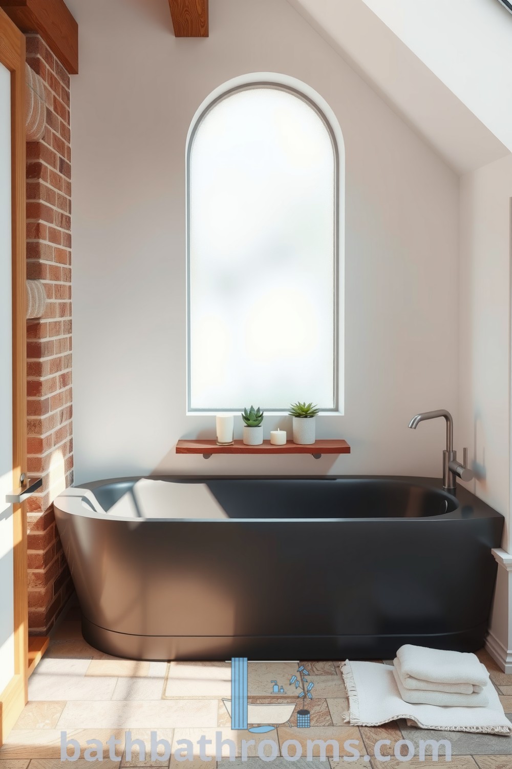 Minimalist bathroom featuring a graphite tub, frosted glass light, exposed brick walls, reclaimed wood accents, and stone tile floor, showcasing cozy design ideas for a perfect style fusion. Discover inspiring decor ideas at bathbathrooms.com.