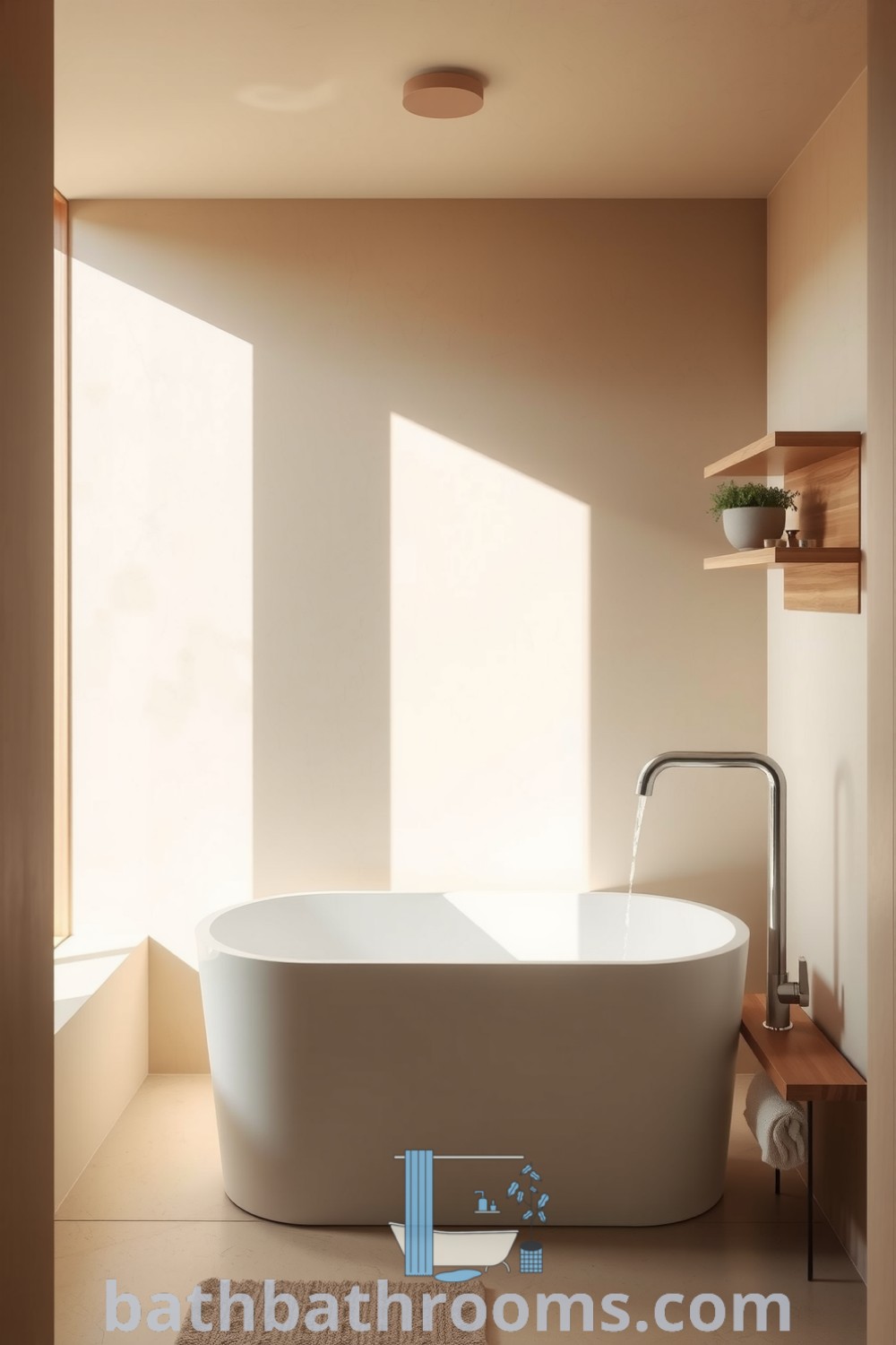 Cozy minimalist bathroom featuring sandy-hued walls, a freestanding tub, wooden shelving with greenery, and a polished metal faucet, creating a tranquil and inviting atmosphere. Discover more inspiring decor ideas for your home at bathbathrooms.com.