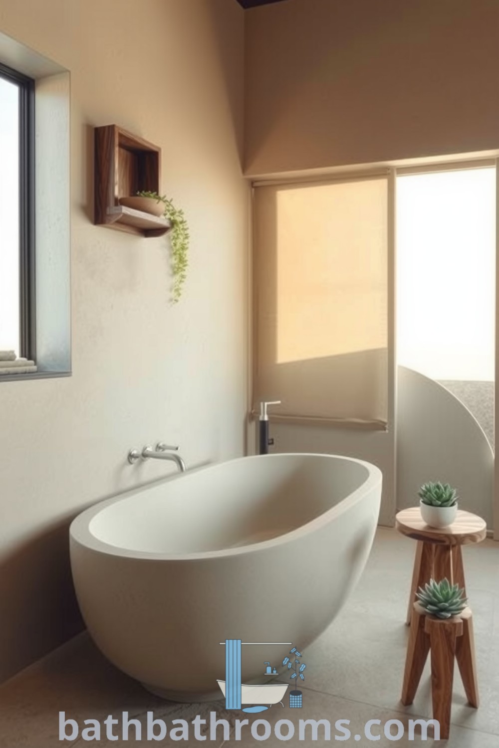 Cozy minimalist bathroom featuring a deep soaking tub, wooden accents, and succulents, creating a warm and inviting atmosphere. Explore more decor ideas and inspirations for your home at bathbathrooms.com.