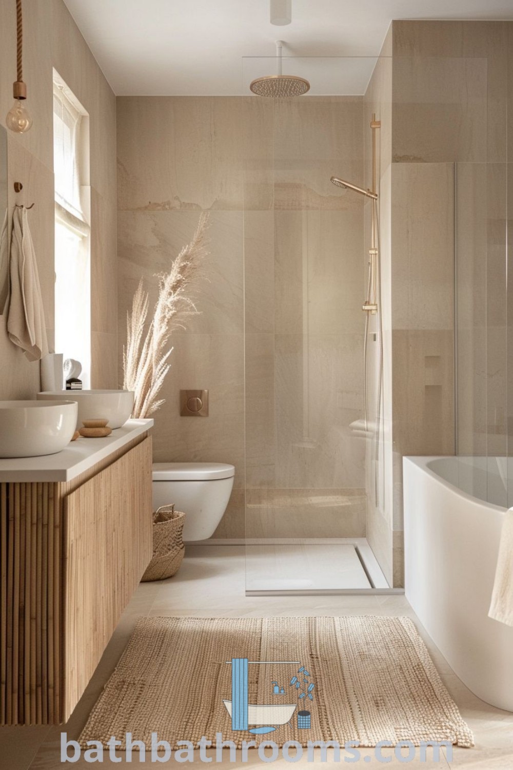 An elegant spa washroom featuring a cozy design with a toilet, sink, and bathtub next to a window. The minimalistic and light bathroom aesthetic utilizes neutral tones, showcasing unique ideas for decor inspirations and easy cleaning. Discover more ideas at bathbathrooms.com.