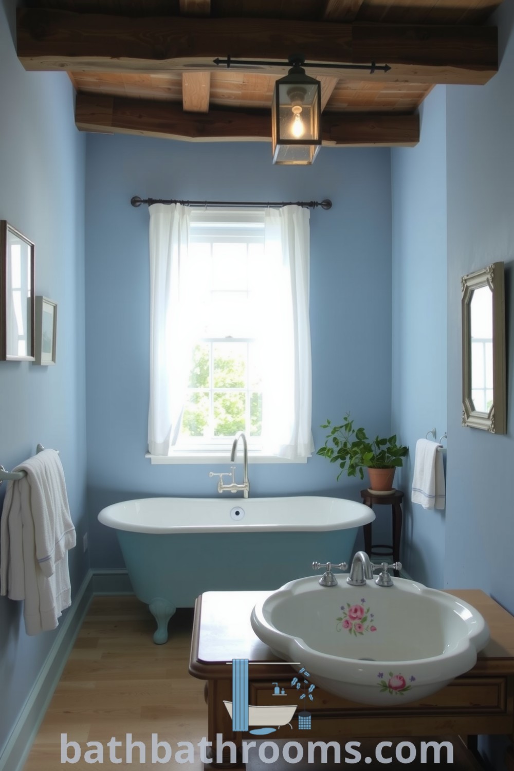 Cozy Provence bathroom featuring soft blue walls, a freestanding cerulean tub, rustic wooden beams, and a vintage sink atop an aged vanity. Explore additional cozy home design ideas at bathbathrooms.com.