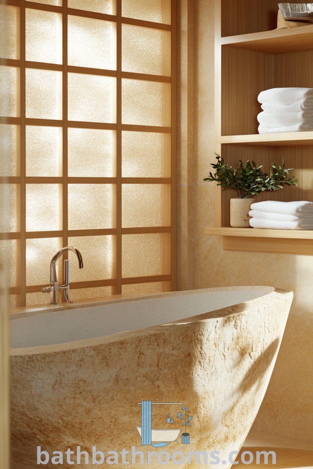 Serene Japanese bathroom with beige hues, warm wooden accents, a smooth stone tub by a shoji screen, and bamboo shelves with towels and plants, creating a cozy and inviting atmosphere. Discover more inspiring decor ideas for your home at bathbathrooms.com.