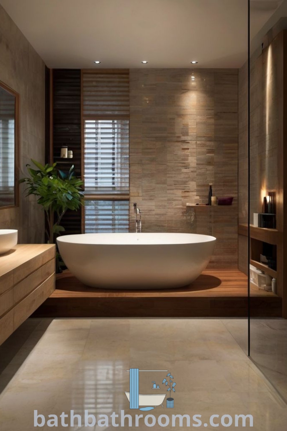 A large white bath tub in a modern bathroom beside a wooden counter top, showcasing unique ideas for spa tub designs and master baths. This elegant decor is perfect for inspiring cozy aesthetics and enhancing your home design. Explore more inspirations at bathbathrooms.com.