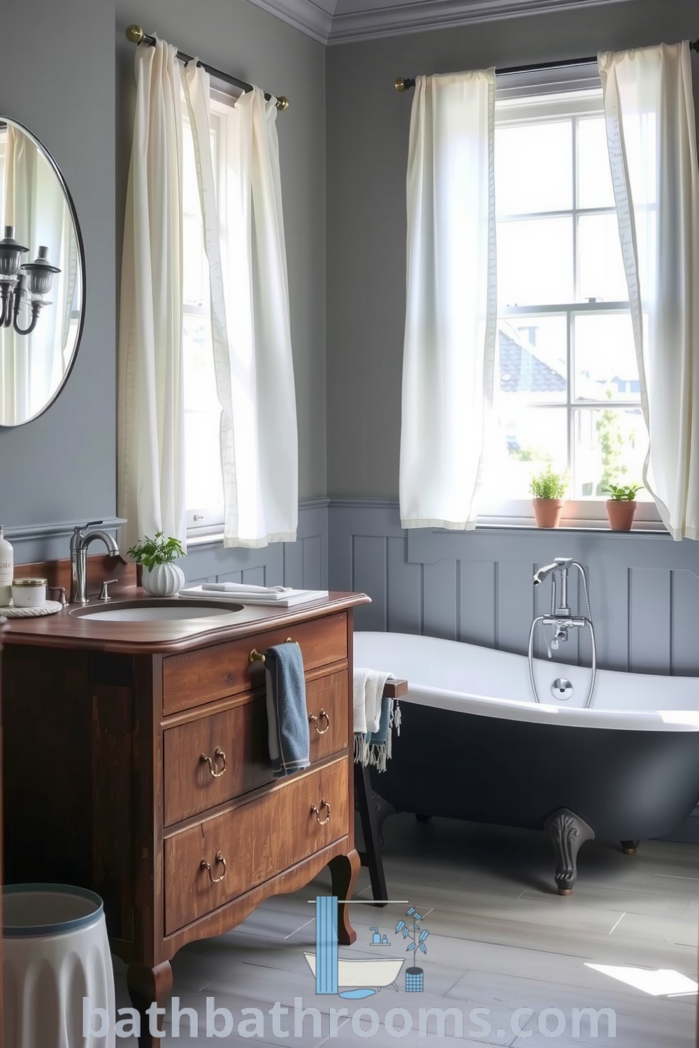 Cozy gray Provence bathroom featuring a vintage clawfoot tub, rustic wooden vanity, soft gray walls, and potted herbs, creating a serene and inviting atmosphere. Discover unique decor ideas at bathbathrooms.com.