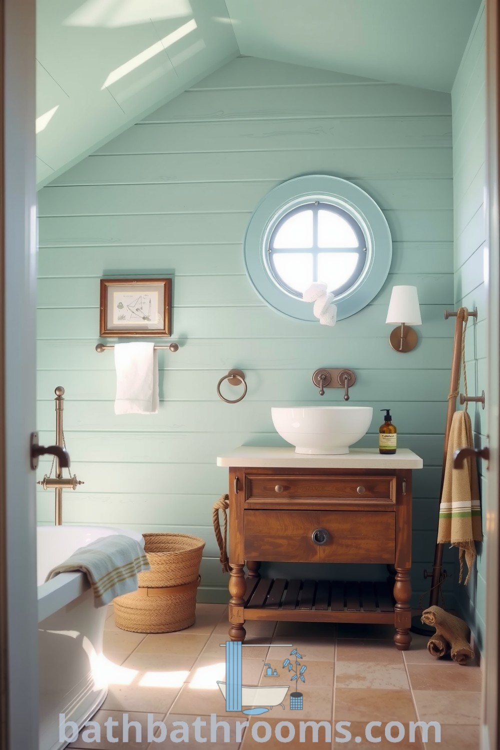 Cozy maritime bathroom featuring seafoam green shiplap walls, a vintage wooden vanity with a vessel sink, sandy stone tiles, and nautical accents like driftwood and rope, creating a serene coastal atmosphere. Discover more inspiring decor ideas for your home at bathbathrooms.com.
